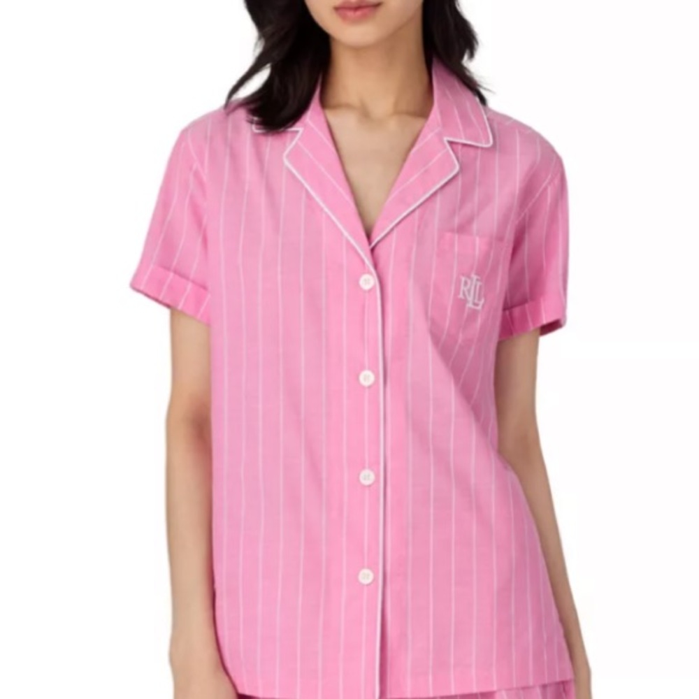 Lauren Ralph Lauren Black Label Short Sleeve Notch Collar Pink Pajama Top size M